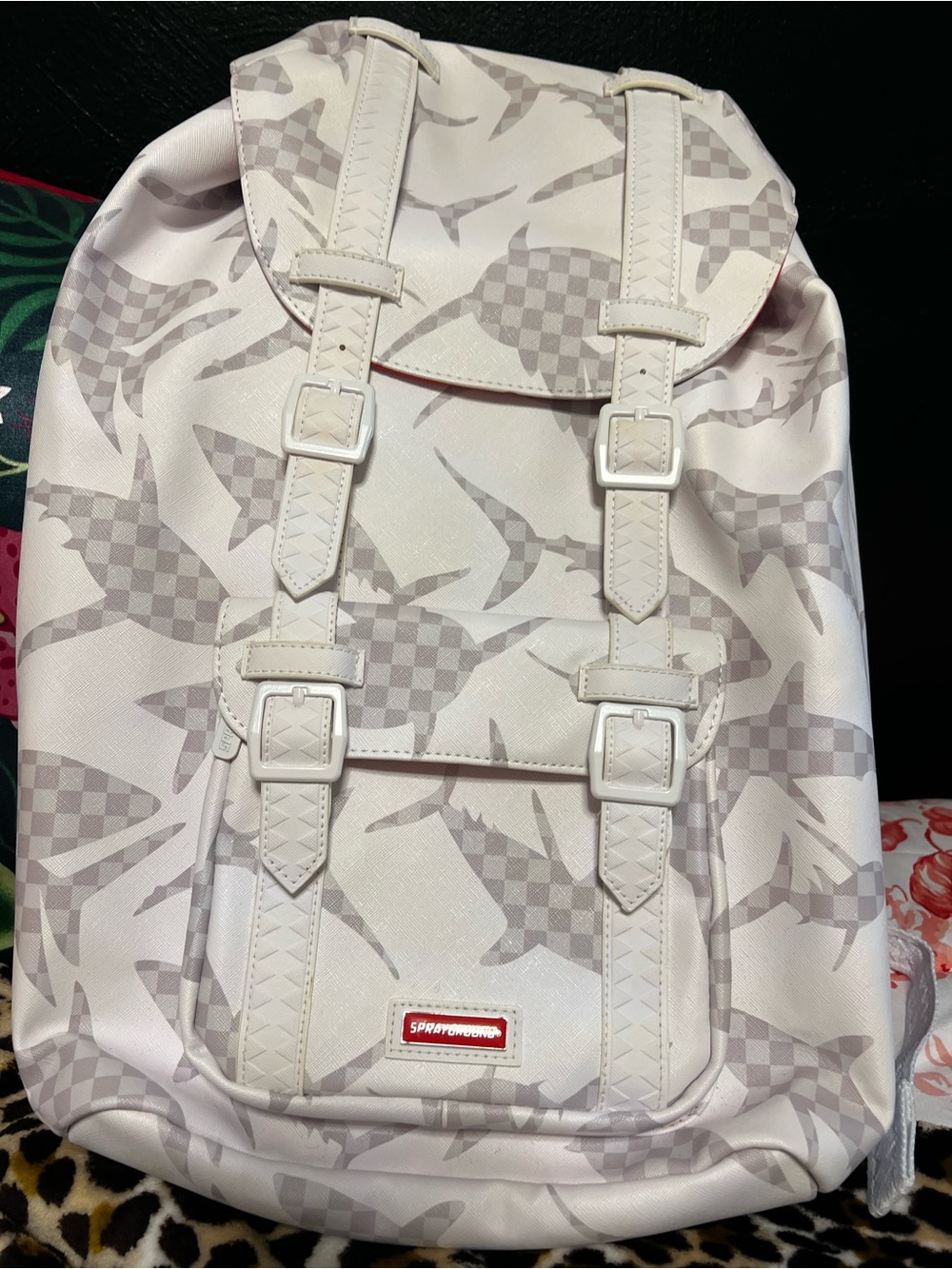 Sprayground White & Light Gray Camouflage Shark-Print Backpack